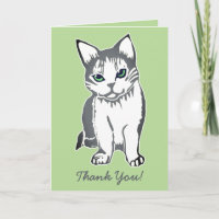 Cat gris et blanc Carte de remerciements vert clai