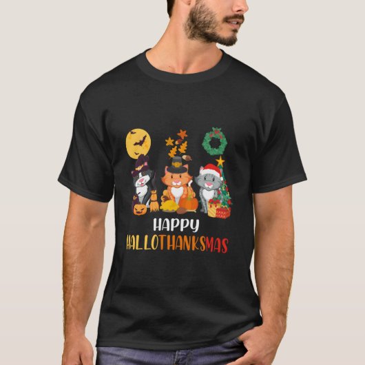 Cat Halloween Happy Hallothanksmas Thanksgiving T-shirt (Voorkant)