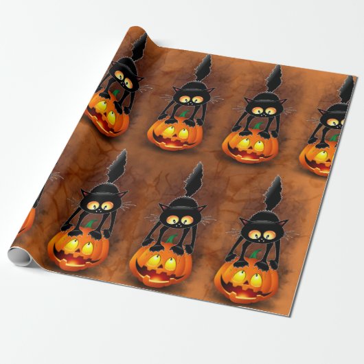 Cat Halloween Scared Cartoon Character op Cadeaupapier (Uitgerold)
