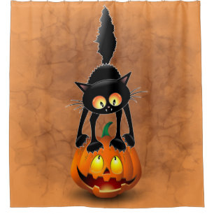 Cat Halloween Scared Cartoon op pompoen Douchegordijn