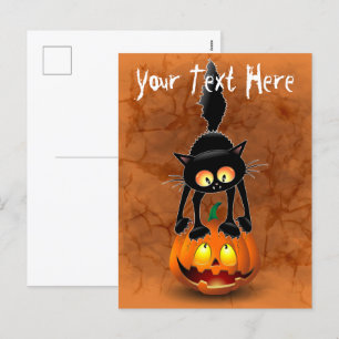 Cat Halloween Scared Cartoon op pompoen Feestdagenkaart