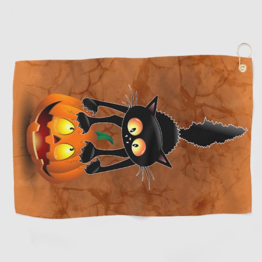 Cat Halloween Scared Cartoon op pompoen Golfhanddoek (Horizontaal)