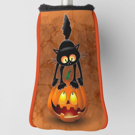Cat Halloween Scared Cartoon op pompoen Golfheadcover (Draai 90)
