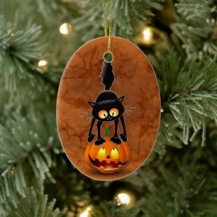 Cat Halloween Scared Cartoon op pompoen Keramisch Ornament