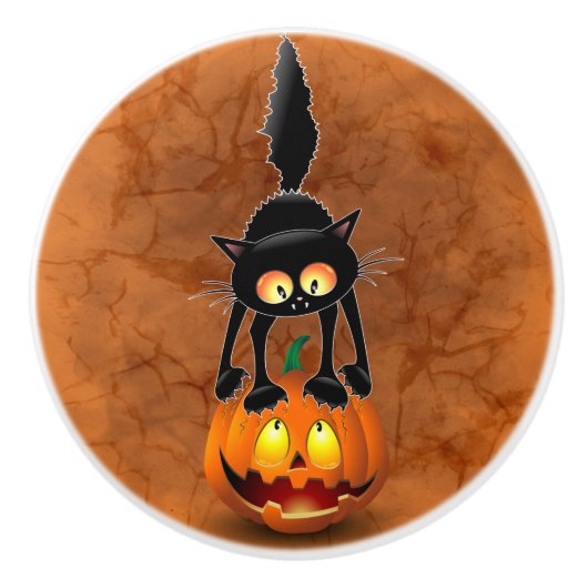 Cat Halloween Scared Cartoon op pompoen Keramische Knop (Voorkant)
