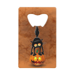 Cat Halloween Scared Cartoon op pompoen Kredietkaart Flessenopener