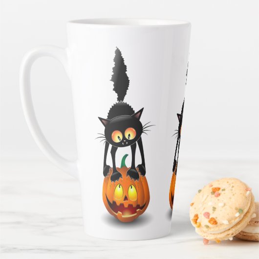 Cat Halloween Scared Cartoon op pompoen Latte Mok (In situ)