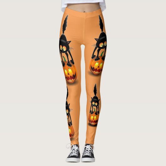 Cat Halloween Scared Cartoon op pompoen Leggings (Voorkant)
