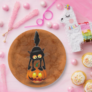 Cat Halloween Scared Cartoon op pompoen Papieren Bordje