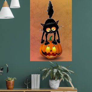 Cat Halloween Scared Cartoon op pompoen Poster