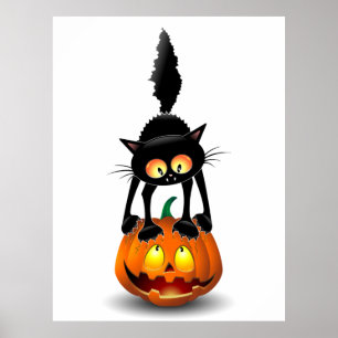 Cat Halloween Scared Cartoon op pompoen Poster