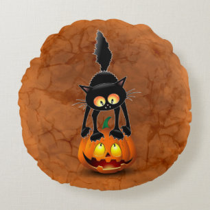 Cat Halloween Scared Cartoon op pompoen Rond Kussen