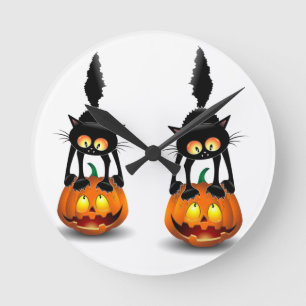 Cat Halloween Scared Cartoon op pompoen Ronde Klok