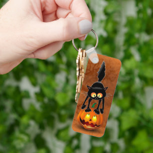 Cat Halloween Scared Cartoon op pompoen Sleutelhanger