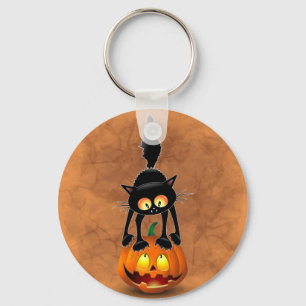 Cat Halloween Scared Cartoon op pompoen Sleutelhanger