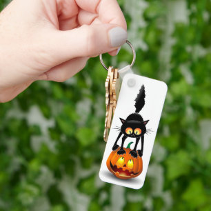 Cat Halloween Scared Cartoon op pompoen Sleutelhanger