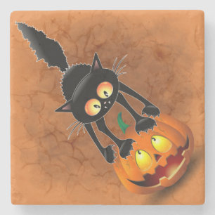 Cat Halloween Scared Cartoon op pompoen Stenen Onderzetter