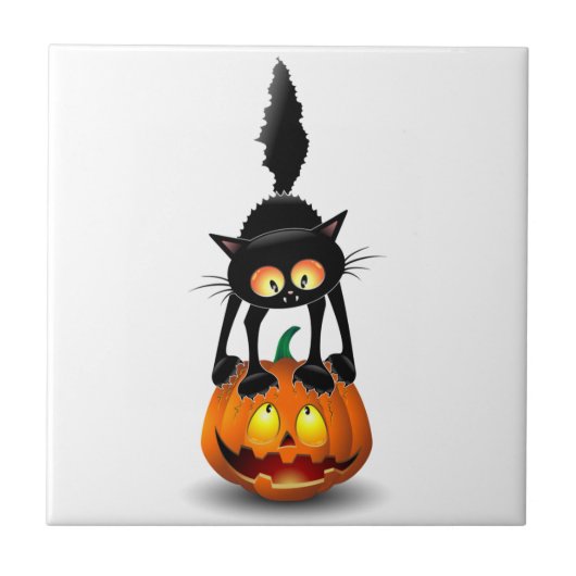 Cat Halloween Scared Cartoon op pompoen Tegeltje (Voorkant)