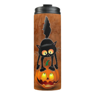 Cat Halloween Scared Cartoon op pompoen Thermosbeker