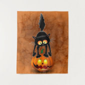 Cat Halloween Scared Cartoon op pompoen Wandkleed (Voorkant)