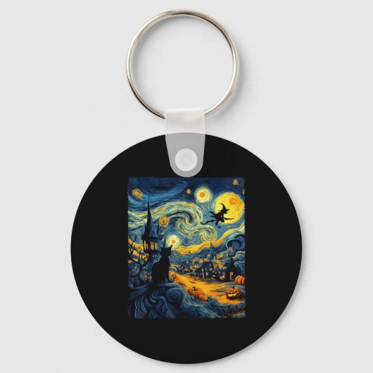 Cat Halloween Van Gogh Starry Night Pumpkin Men Wo Sleutelhanger (Voorkant)