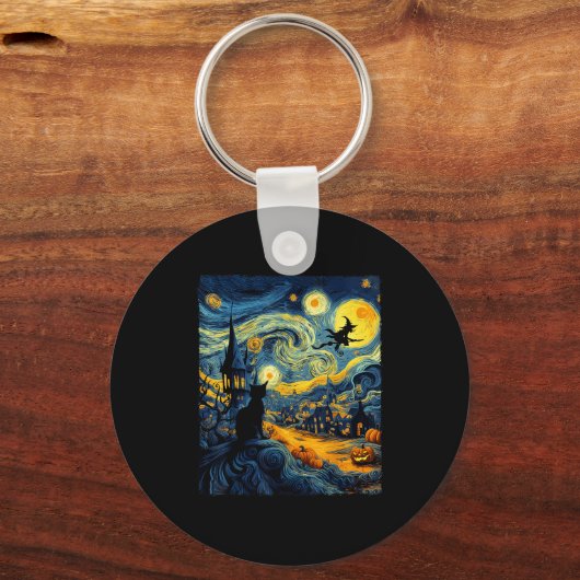 Cat Halloween Van Gogh Starry Night Pumpkin Men Wo Sleutelhanger (Voorkant)