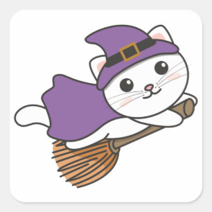 Cat Halloween Witch Kinder Witch Costume Square St Vierkante Sticker