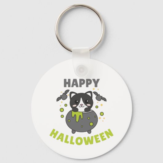 Cat Happy Halloween Cauldron Bat Sleutelhanger (Voorkant)