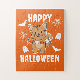 Cat Happy Halloween Pumpkin Bat Costume Legpuzzel