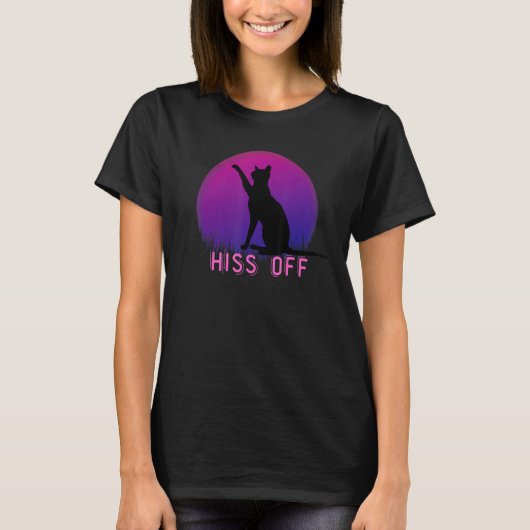 Cat Hiss Off Meow Retro Sunset Style Funny Black C T-shirt (Voorkant)