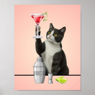Cat holding Pink Martini Pink Background Art Poster