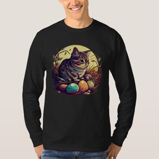 Cat Illustration Easter Graphic with Eggs for Cat T-shirt (Voorkant)