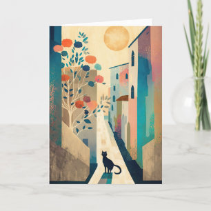 Cat Illustration in a Sunlit Village Bedankkaart