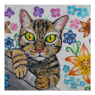 Cat in floral background Glossy Poster Perfect Poster