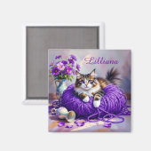 Cat  in Purple Yarn and Flowers Personalized Magneet (Voorkant / Achterkant)