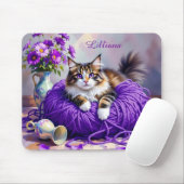 Cat  in Purple Yarn and Flowers Personalized Muismat (Met muis)