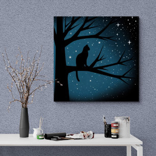 Cat In Tree op de Sterrennacht van een winter Canvas Afdruk