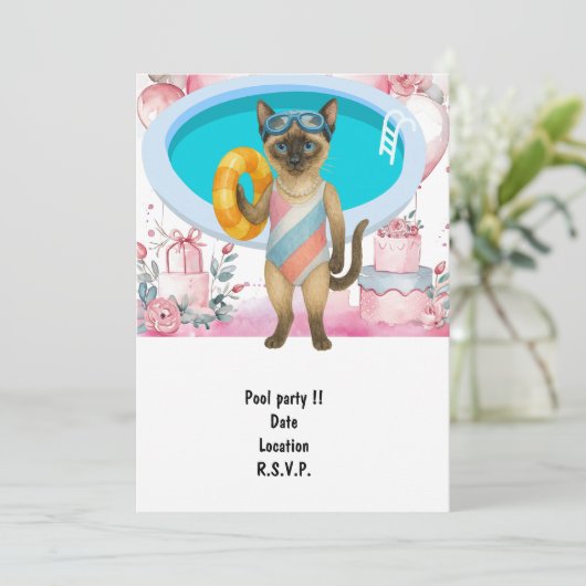 Cat is at the pool for pool party kaart (Staand voorkant)