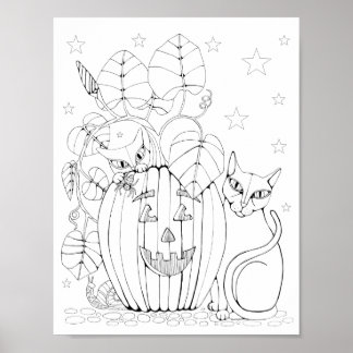 Cat Jack O'Lantern Scène Kleurplaat Kunst Poster