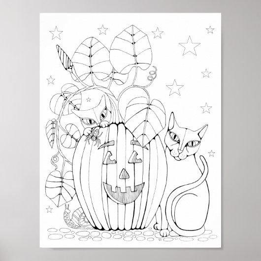 Cat Jack O'Lantern Scène Kleurplaat Kunst Poster (Voorkant)
