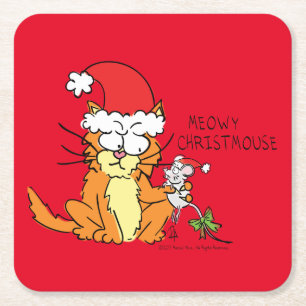Cat Kerstmis Funny Cartoon Cute Mouse Vierkante Kartonnen Onderzetter