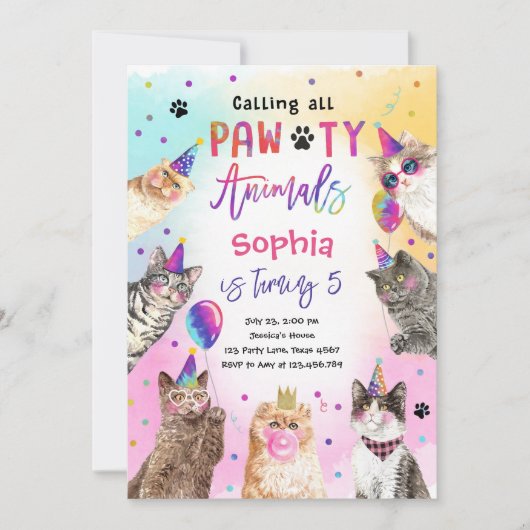 Cat Kitten Party Pawty Animals Girl Birthday Kaart (Voorkant)