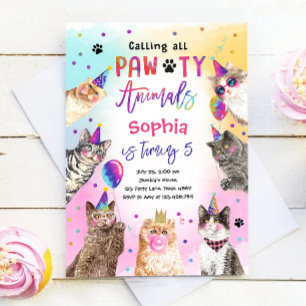 Cat Kitten Party Pawty Animals Girl Birthday Kaart