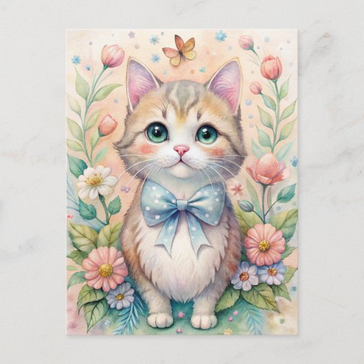 Cat Kitten Pastel Bow Wildflowers  Briefkaart (Voorkant)