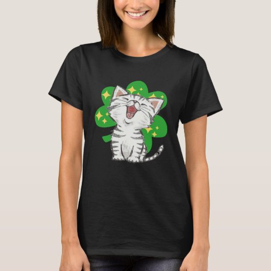 Cat Kitten Shamrock Lucky St Patricks Day T-shirt (Voorkant)