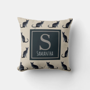 Cat Lady Taupe Waterverf Black Kat Patroon Kussen