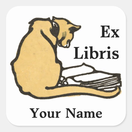  Cat Leesboek Ex Libris Sjabloon Vierkante Sticker (Voorkant)