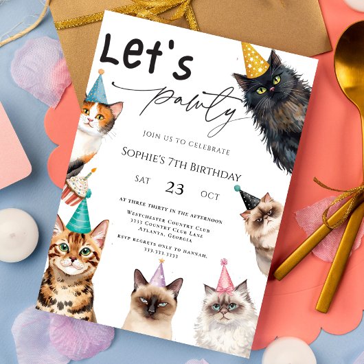 Cat Let's Pawty Kitten Cute kitty 7th Birthday Kaart