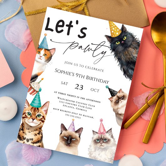 Cat Let's Pawty Kitten Cute kitty 9th Birthday Kaart