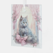 Cat Lover Grijs Kitten Roze Boog Glas Ornament (Voorkant links)
